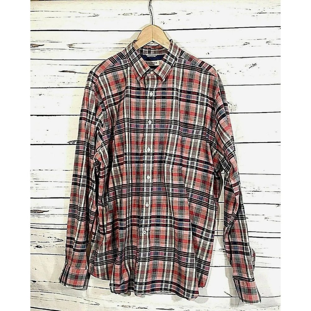 Nautica Heritage Dress Shirt Mens Size XL Pink Blue Plaid Long Sleeve Button